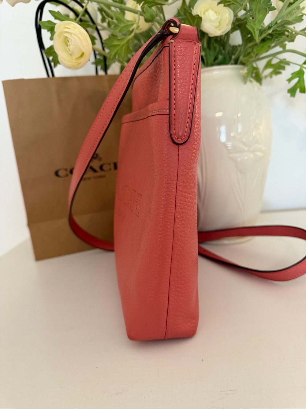 COACH Coral Bright Pink Perforated Logo Pebble Leather Crossbody style 91167 - Picture 5 of 15